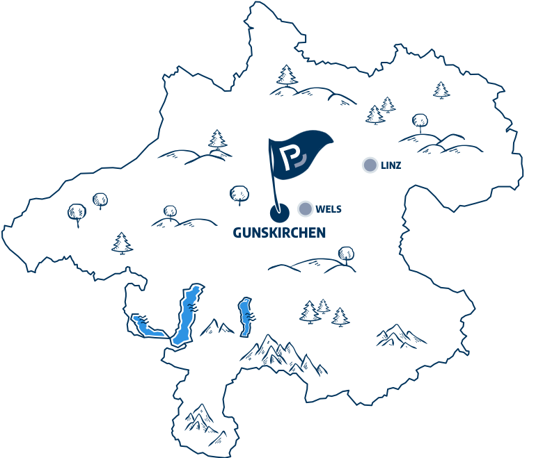 Verwurzelt in unserer Region (Landkarte OÖ mit Fahne in Gunskirchen)